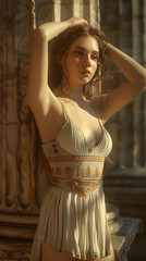 A beautiful Greek goddess in a short dress, hyper-realistic photography, Generative AI