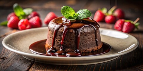 A rich chocolate lava cake with a decadent chocolate sauce, topped with a sprig of fresh mint, resting on a grey plate and a rustic wooden surface.