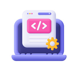 laptop and web page with code symbol and gear cogwheel. web development and seo, software engineerin
