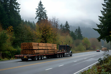 Semi-truck hauling wood on a paved highway with a foggy forest background.