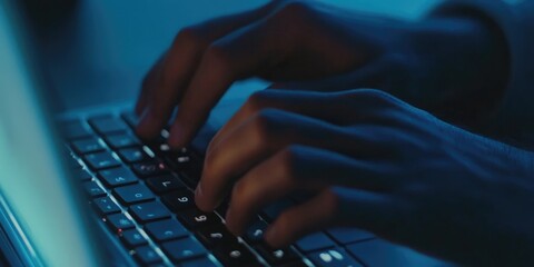 A close-up of a hackers hands typing encryption codes on a laptop, emphasizing the hands-on aspect of cybersecurity, with no people shown.