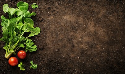 Fresh arugula and tomatoes on dark soil with copy space. Organic farming and harvest concept