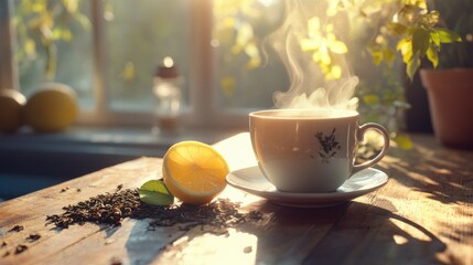 A steaming cup of hot tea on a rustic wooden table, surrounded by fresh tea leaves and a slice of lemon. Sunlight filters softly onto the scene.