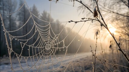 An intricate spider web covered in frozen dewdrops.