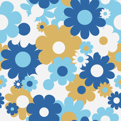 Fototapete - Seamless pattern with abstract blue, yellow, white flowers silhouette. Background with blossoming shape flowers. Vintage colorful floral hand drawn wallpaper. Vector stock illustration.