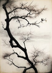 Wall Mural - Traditional chinese Ink painting vintage poster. Winter tree  branch illustration. Poster
