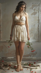 A beautiful Greek goddess in a short dress, hyper-realistic photography, Generative AI