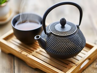 Steaming cup of tea with teapot on a wooden tray.