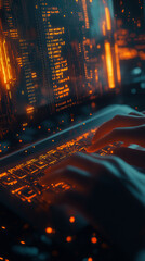 Professional Using Document Database on Laptop with Data Particles and Coding Display, Hacker Hands On The Laptop With Sparks And Glowing Background 

