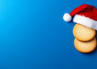 Wall Mural - Cookie is sitting on a blue background with a red hat on top of it. The cookie is partially covered by the hat, giving it a playful and festive appearance