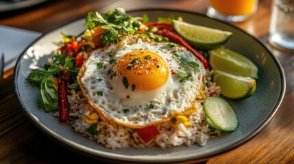 Fried Rice Garnished with Egg and Vegetables