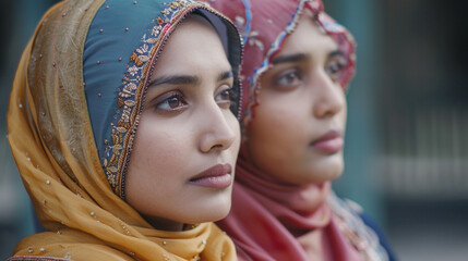 Wall Mural - Two arab women wearing colorful scarves and looking at the camera