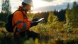 © Jenjira - Worker using tablet in nature, analyzing vegetation with sunlight backdrop.