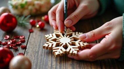 Wall Mural - Crafting wooden snowflakes for holiday decor - hands-on festive creativity