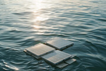 Solar panels float serenely on calm waters, reflecting the golden hues of a setting sun, symbolizing sustainable harmony between nature and technology.