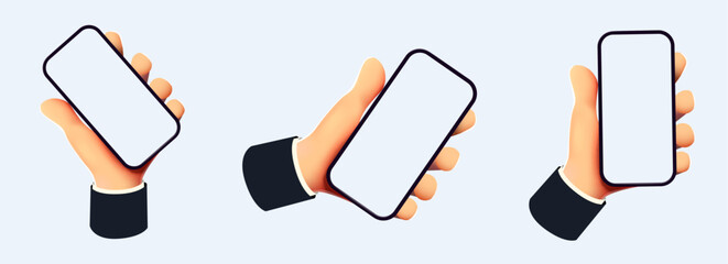 Hand holding smartphone set. 3D Icon collection.