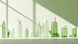 © VERTEX SPACE - Fresh green bottles arranged on light green background, showcasing various shapes and sizes. sunlight casts beautiful shadows, enhancing serene atmosphere