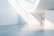 © Kristina - Blank white wall mockup in sunny modern empty gallery, 3d rendering. Clear big stand mock up in museum with contemporary art exhibitions. Large hall interior with wide banner exposition template.
