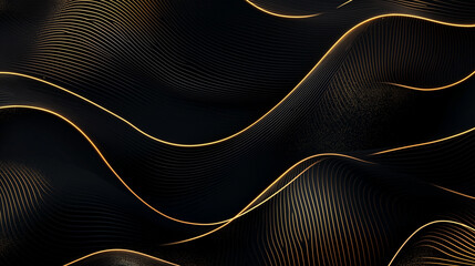 Wall Mural - luxurious abstract backgrounds featuring elegant golden line waves against a deep black background.