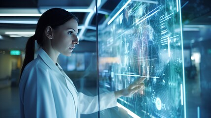 Wall Mural - In a softly blurred setting, a female physician in a white lab coat interacts with a tablet, showcasing a vibrant holographic display of patient data.