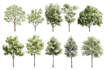 set of watercolor green tree isolated on white background for landscape and architecture drawing, el