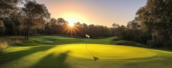 Wall Mural - A serene golf course at sunset, featuring lush green grass and a flag in the hole, surrounded by trees.