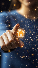 Aufkleber - Businessman is touching a digital house icon on a network connection, choosing a house online