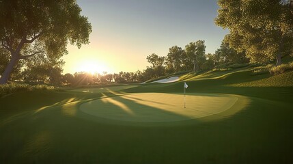 Wall Mural - A serene golf course at sunset, featuring a well-maintained green surrounded by trees, with a golfer in the distance.