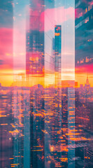 Canvas Print - Sunset colors are reflecting in the glass facade of a skyscraper at golden hour in the city