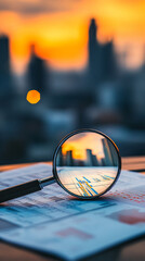 Poster - Magnifying glass resting on financial charts, capturing the city skyline at sunset, implying the examination of market trends