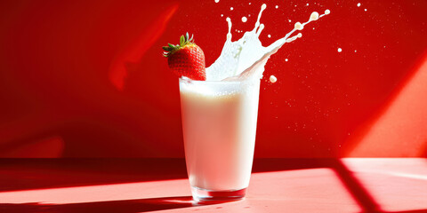 Wall Mural - A glass of milk with a strawberry on top