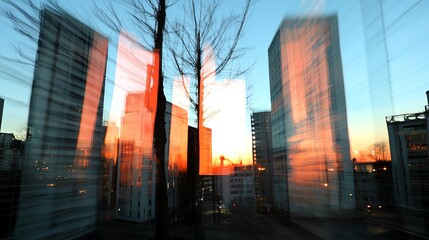 Abstract view of modern buildings at sunset with blurred motion effect.