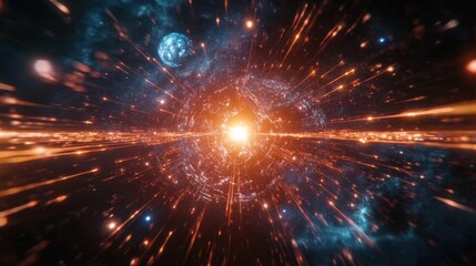 Poster - A mesmerizing wide-angle view of a glowing energy field amidst cosmic elements and distant celestial bodies at night