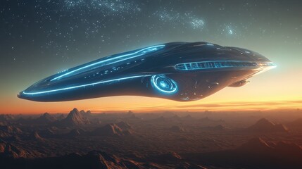 Poster - A sleek reflective spaceship hovers gracefully in the twilight above a rugged alien landscape with distant mountains and bright stars