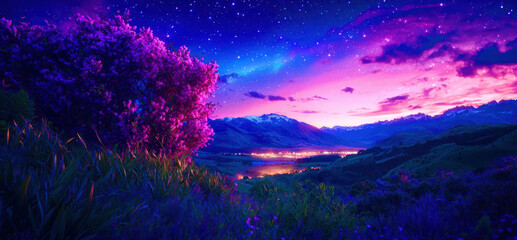 A beautiful landscape with a purple tree and a blue sky