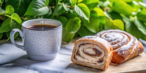 Canvas Print - A cup of coffee, a pastry, and a slice of bread on a wooden board, with a green leafy plant in the background.