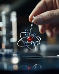 Poster - A scientist's hand delicately holds a model of an atom in a laboratory during a research session on atomic structures