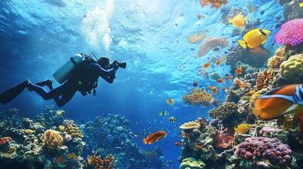 A diver photographing colorful fish and sea turtles on a tropical reef.