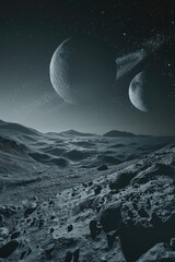 Wall Mural - desolate landscape with two moons in the sky. the sky is dark and the stars are shining brightly