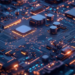 Poster - A close-up view of a complex electronic circuit board showcasing intricate paths and glowing elements at night