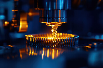 Poster - A close-up of precision machining, featuring a glowing tool interacting with a metallic gear, showcasing advanced manufacturing technology in an industrial environment.