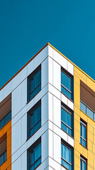 Fototapete - The corner of a modern building with white and yellow walls and blue windows is reaching up to the deep blue sky
