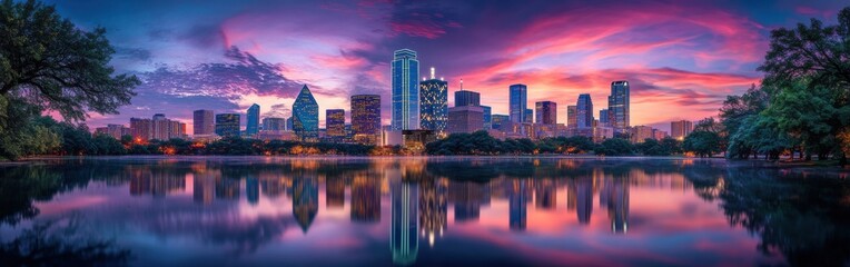 Poster - A stunning view of the Dallas skyline reflecting in the water during sunset with colorful clouds illuminating the evening sky