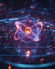 Aufkleber - A dynamic atomic model depicting an electron orbiting around a nucleus with vibrant colors and intricate details