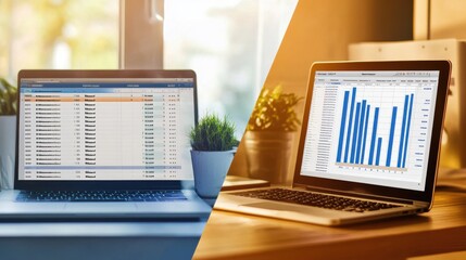 Leinwandbilder - A split-screen view demonstrating the functionalities of database management and report generation in a software application