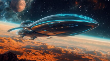 Poster - A sleek reflective spaceship hovers above a rust-colored planet in a vibrant cosmic landscape filled with stars