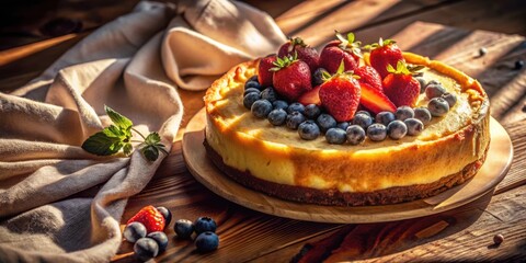 A rustic cheesecake adorned with fresh berries, bathed in warm golden sunlight, sits on a wooden table with a linen cloth in the background.