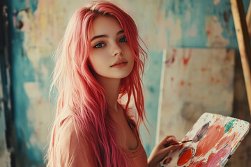 Young Pretty pink-haired girl holding paint brush