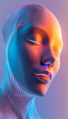 Poster - Futuristic digital face art  a minimalist design with luminous lines against a gradient background