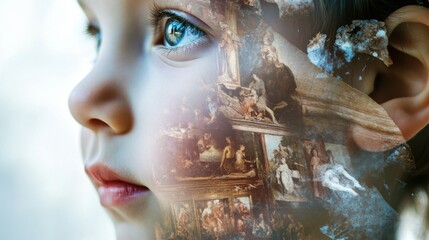 Leinwandbilder - A child's face creatively merged with classic art in an enchanting double exposure capturing innocence and imagination